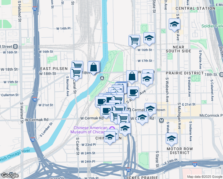 map of restaurants, bars, coffee shops, grocery stores, and more near 1929 South Wells Street in Chicago