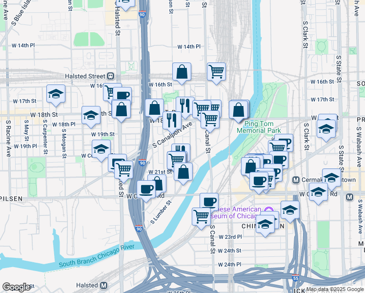 map of restaurants, bars, coffee shops, grocery stores, and more near 542 West Cullerton Street in Chicago