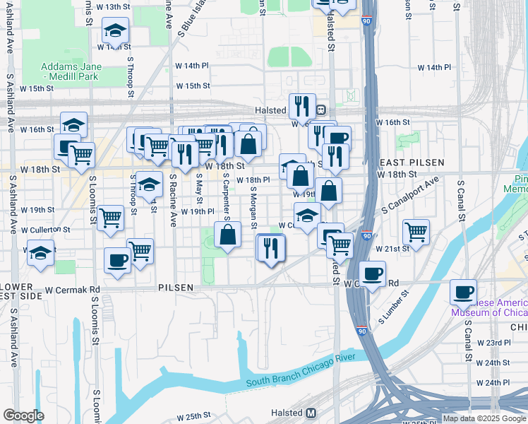 map of restaurants, bars, coffee shops, grocery stores, and more near 1922 South Shelby Court in Chicago