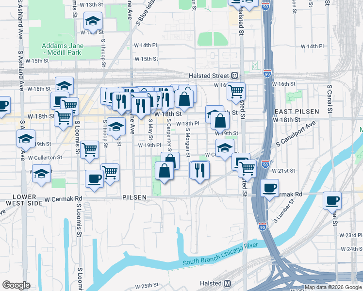 map of restaurants, bars, coffee shops, grocery stores, and more near in Chicago