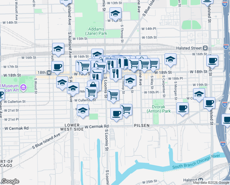 map of restaurants, bars, coffee shops, grocery stores, and more near 1329 West 19th Street in Chicago