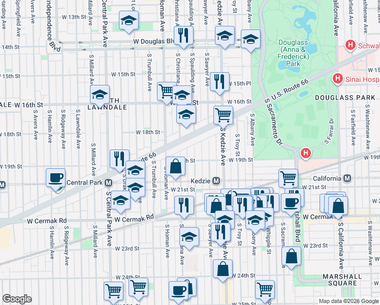 map of restaurants, bars, coffee shops, grocery stores, and more near 1830 South Spaulding Avenue in Chicago