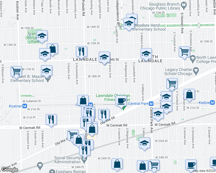 map of restaurants, bars, coffee shops, grocery stores, and more near 1834 South Avers Avenue in Chicago