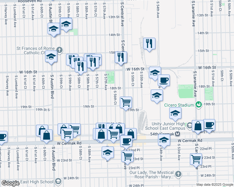 map of restaurants, bars, coffee shops, grocery stores, and more near 1811 South 56th Court in Cicero
