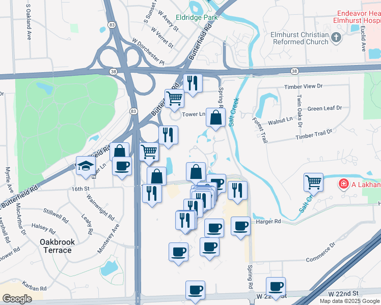 map of restaurants, bars, coffee shops, grocery stores, and more near 1410 16th Street in Oak Brook
