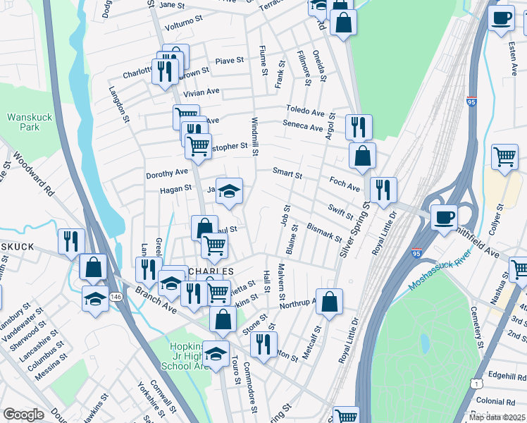 map of restaurants, bars, coffee shops, grocery stores, and more near 16 Linda Court in Providence