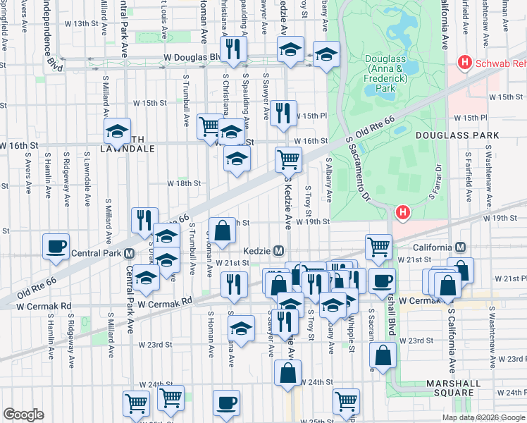 map of restaurants, bars, coffee shops, grocery stores, and more near 1846 South Sawyer Avenue in Chicago