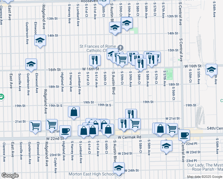 map of restaurants, bars, coffee shops, grocery stores, and more near 1808 South Austin Boulevard in Cicero