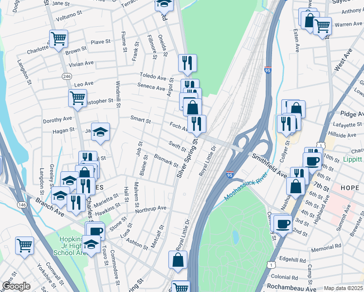 map of restaurants, bars, coffee shops, grocery stores, and more near 19 Swift Street in Providence