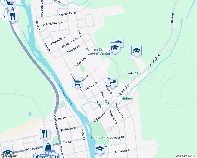 map of restaurants, bars, coffee shops, grocery stores, and more near 209 Terrace St in Warren