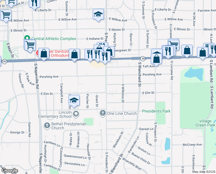map of restaurants, bars, coffee shops, grocery stores, and more near 1003 South President Street in Wheaton