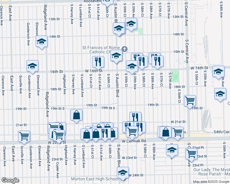 map of restaurants, bars, coffee shops, grocery stores, and more near 1808 South Austin Boulevard in Cicero