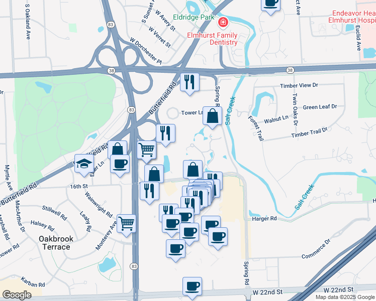 map of restaurants, bars, coffee shops, grocery stores, and more near 1 Oak Brook Club Drive in Oak Brook
