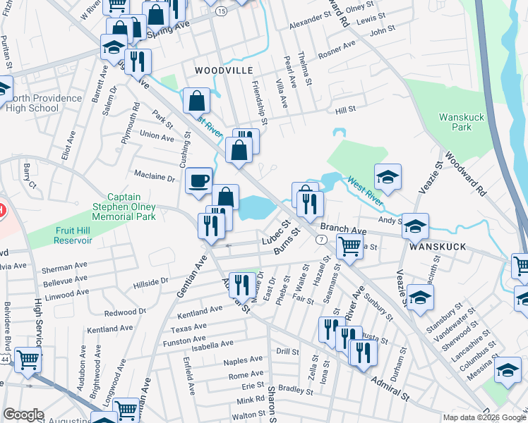 map of restaurants, bars, coffee shops, grocery stores, and more near 1100 Douglas Avenue in Providence