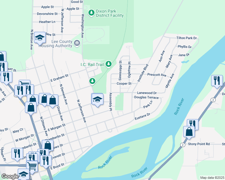 map of restaurants, bars, coffee shops, grocery stores, and more near 903 Academy Street in Dixon