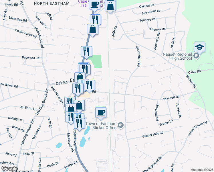 map of restaurants, bars, coffee shops, grocery stores, and more near 225 Brackett Road in Eastham