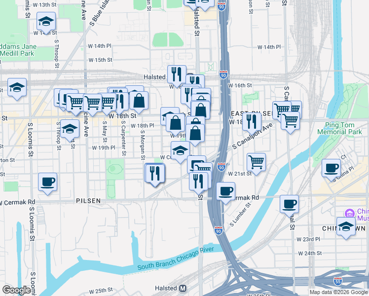 map of restaurants, bars, coffee shops, grocery stores, and more near 1923 South Peoria Street in Chicago