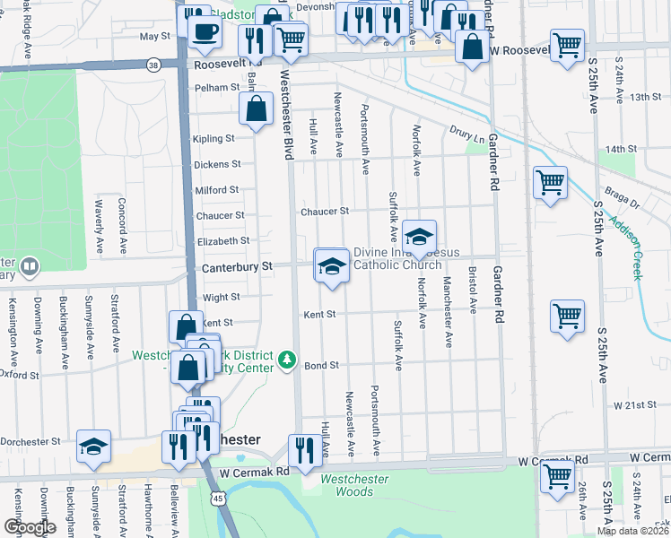 map of restaurants, bars, coffee shops, grocery stores, and more near 1601 Newcastle Avenue in Westchester