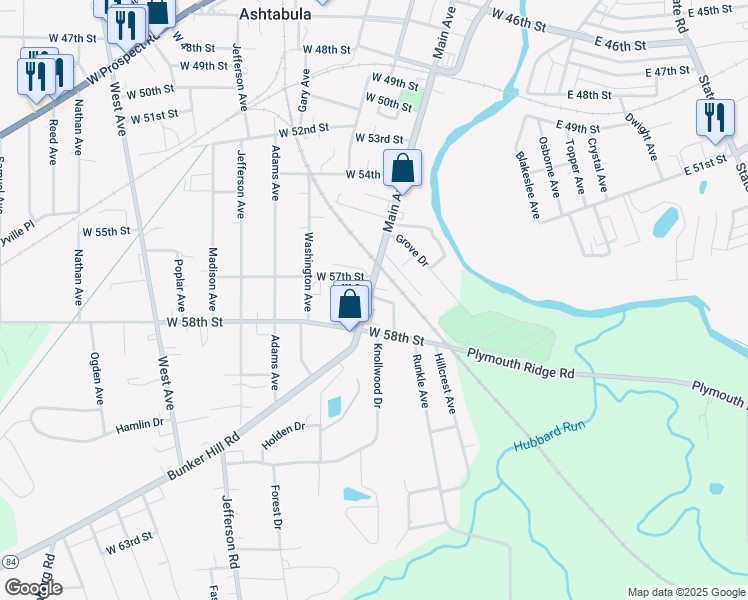 map of restaurants, bars, coffee shops, grocery stores, and more near 5736 Main Avenue in Ashtabula
