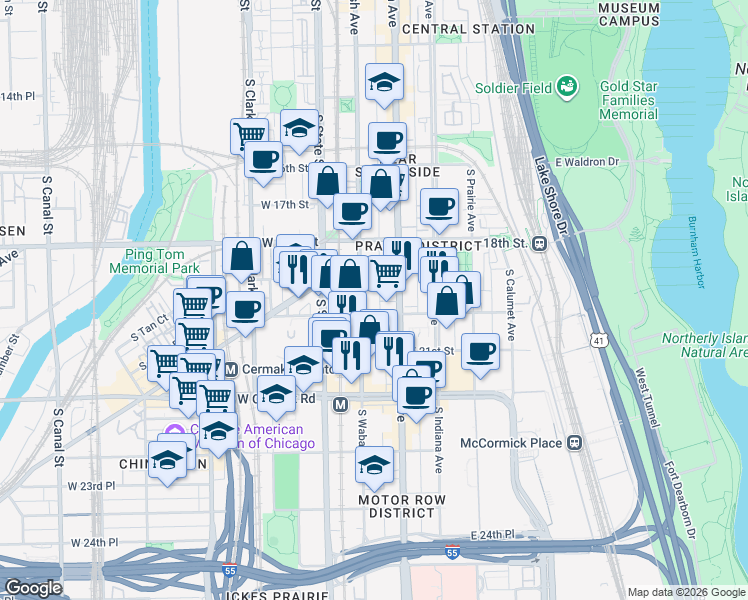 map of restaurants, bars, coffee shops, grocery stores, and more near 1935 South Wabash Avenue in Chicago