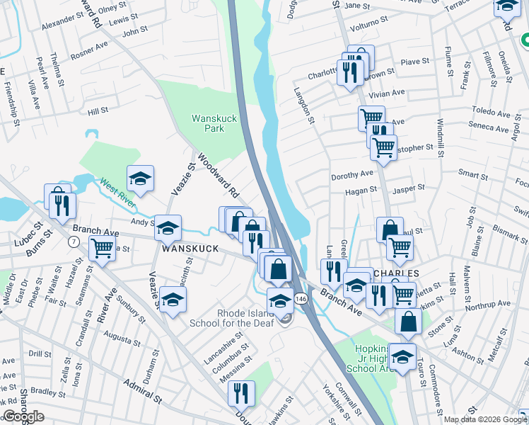 map of restaurants, bars, coffee shops, grocery stores, and more near 11 Squanto Street in Providence