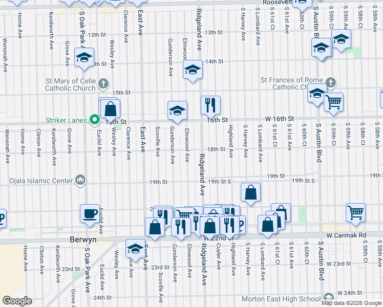 map of restaurants, bars, coffee shops, grocery stores, and more near 1801 Elmwood Avenue in Berwyn