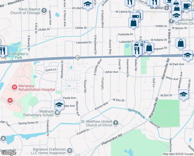 map of restaurants, bars, coffee shops, grocery stores, and more near 901 South Gables Boulevard in Wheaton