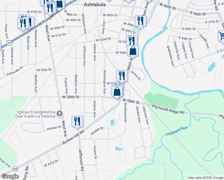map of restaurants, bars, coffee shops, grocery stores, and more near 5727 McCreery Avenue in Ashtabula
