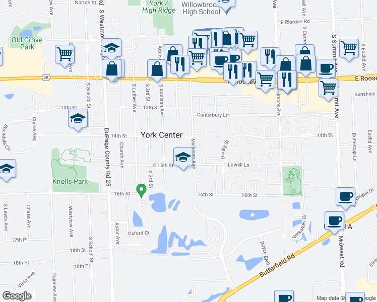 map of restaurants, bars, coffee shops, grocery stores, and more near 1S234 Michigan Avenue in Lombard