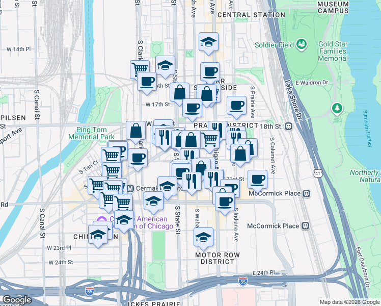 map of restaurants, bars, coffee shops, grocery stores, and more near 1918 South Wabash Avenue in Chicago