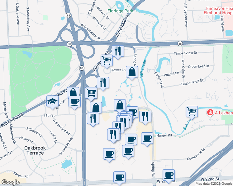 map of restaurants, bars, coffee shops, grocery stores, and more near 1410 16th Street in Oak Brook