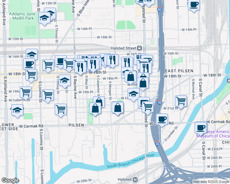 map of restaurants, bars, coffee shops, grocery stores, and more near 1922 South Shelby Court in Chicago