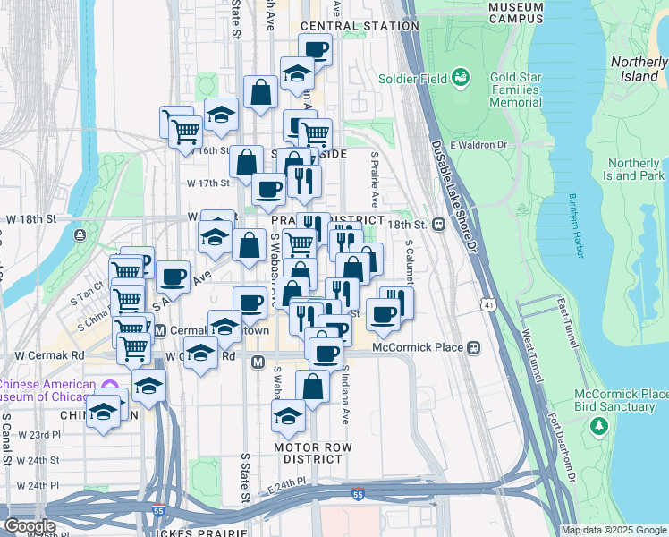 map of restaurants, bars, coffee shops, grocery stores, and more near 1910 South Indiana Avenue in Chicago