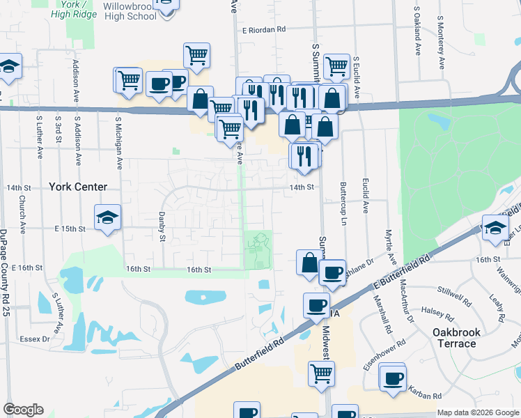 map of restaurants, bars, coffee shops, grocery stores, and more near 17W747 Standish Lane in Villa Park