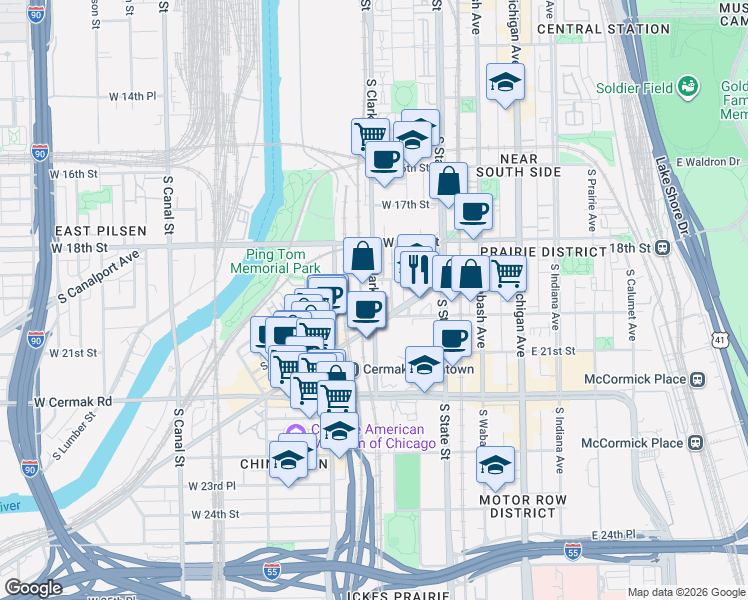 map of restaurants, bars, coffee shops, grocery stores, and more near 1911a South Clark Street in Chicago