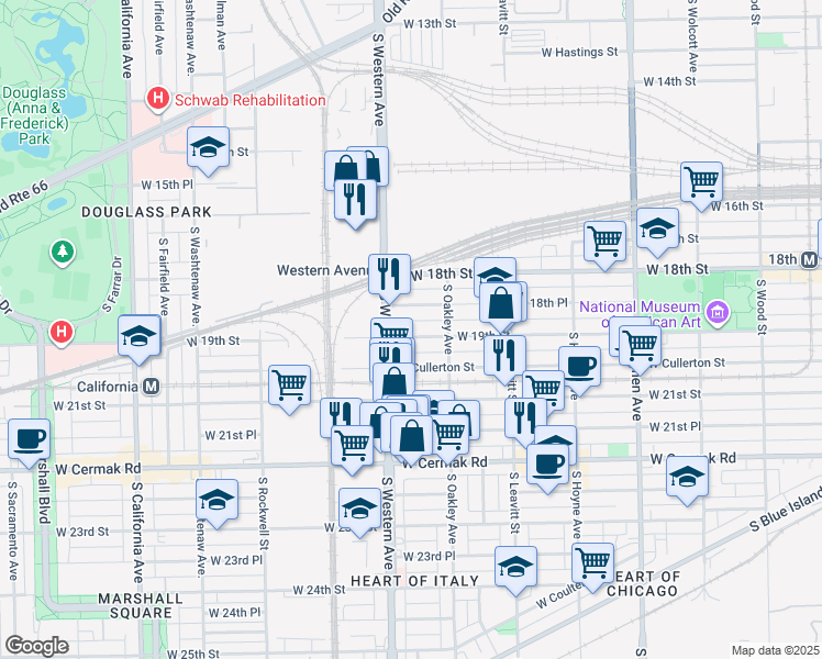map of restaurants, bars, coffee shops, grocery stores, and more near 2316 West 19th Street in Chicago