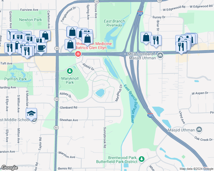 map of restaurants, bars, coffee shops, grocery stores, and more near 873 Baker Court in Glen Ellyn