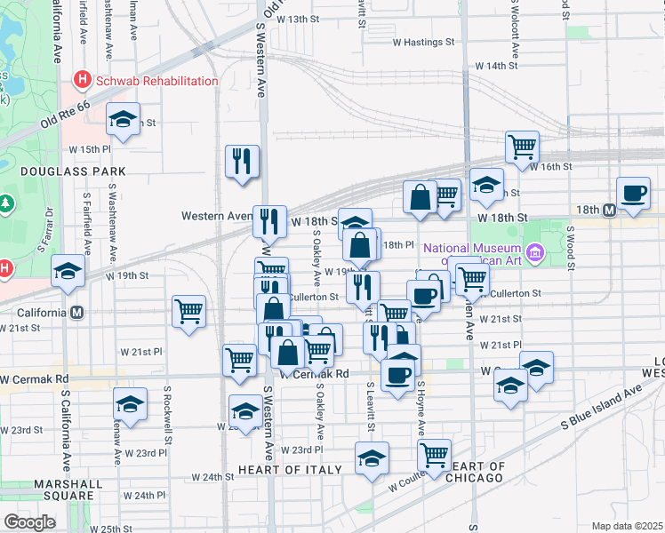map of restaurants, bars, coffee shops, grocery stores, and more near 2240 West 19th Street in Chicago