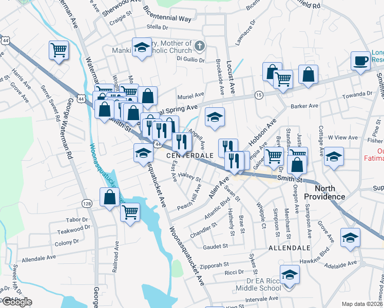 map of restaurants, bars, coffee shops, grocery stores, and more near in North Providence
