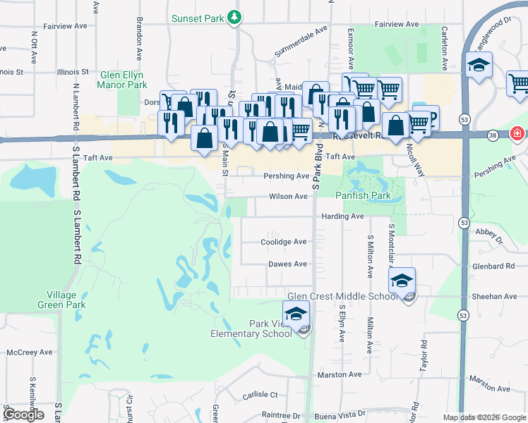 map of restaurants, bars, coffee shops, grocery stores, and more near 546 Harding Avenue in Glen Ellyn