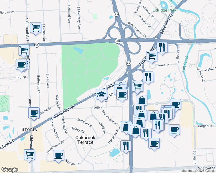 map of restaurants, bars, coffee shops, grocery stores, and more near 714 Butterfield Road in Oakbrook Terrace