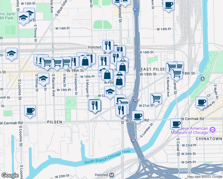 map of restaurants, bars, coffee shops, grocery stores, and more near 1923 South Peoria Street in Chicago