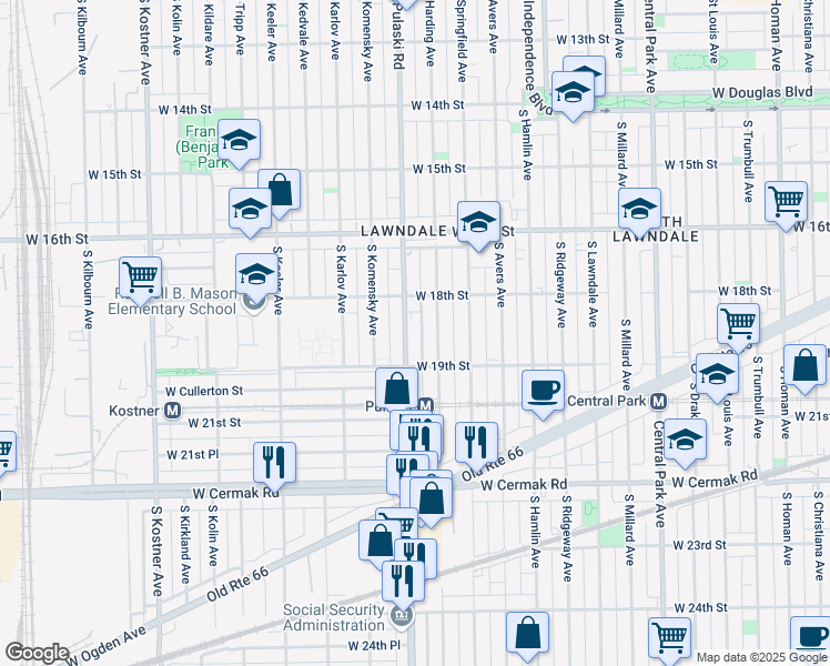 map of restaurants, bars, coffee shops, grocery stores, and more near 1835 South Pulaski Road in Chicago