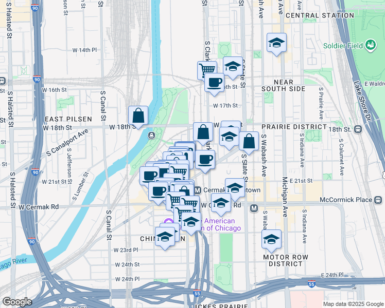 map of restaurants, bars, coffee shops, grocery stores, and more near 1901 S Wentworth Ave in Chicago