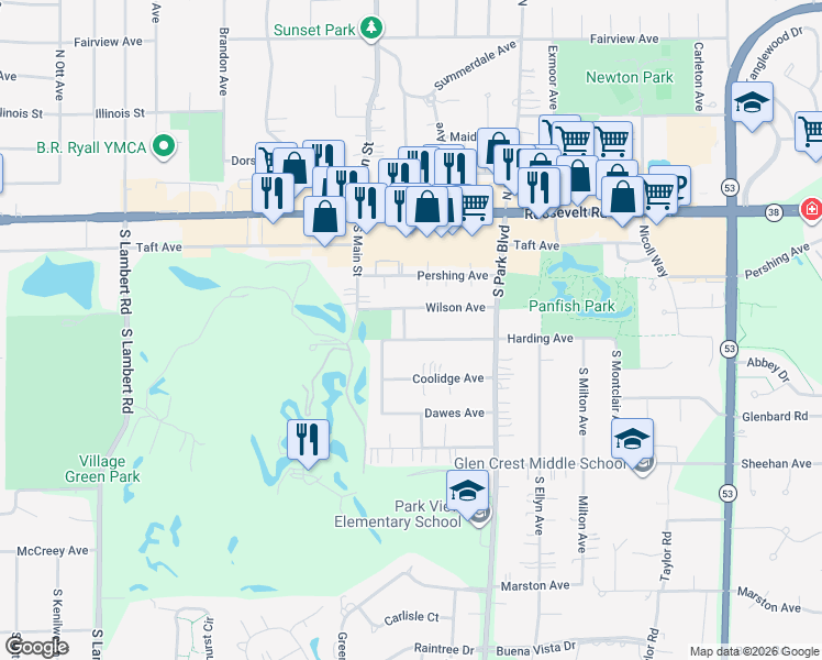 map of restaurants, bars, coffee shops, grocery stores, and more near 546 Harding Avenue in Glen Ellyn