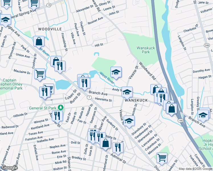 map of restaurants, bars, coffee shops, grocery stores, and more near 65 Wild Street in Providence