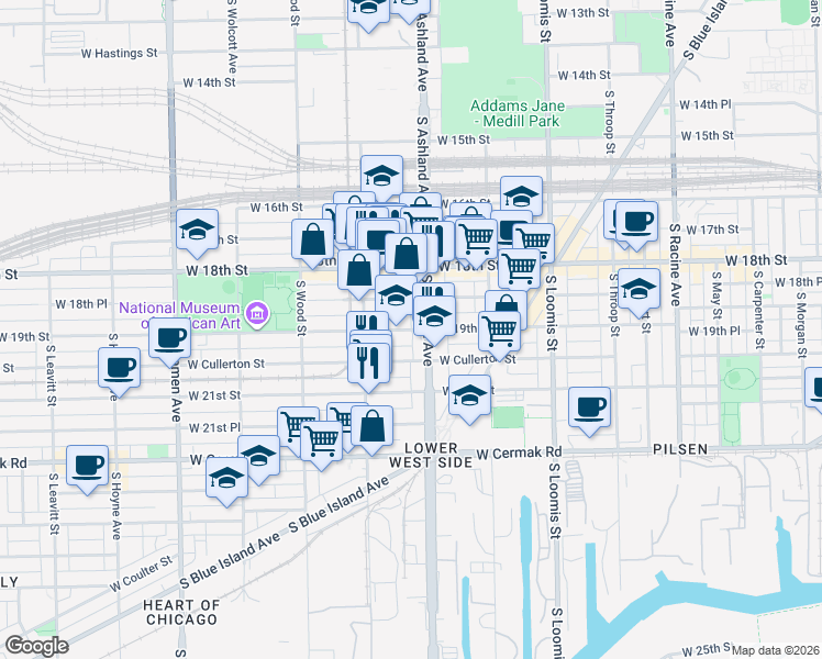 map of restaurants, bars, coffee shops, grocery stores, and more near West 19th Street in Chicago