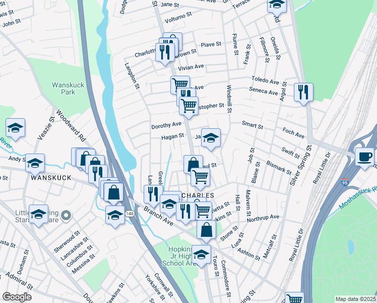map of restaurants, bars, coffee shops, grocery stores, and more near 714 Charles Street in Providence
