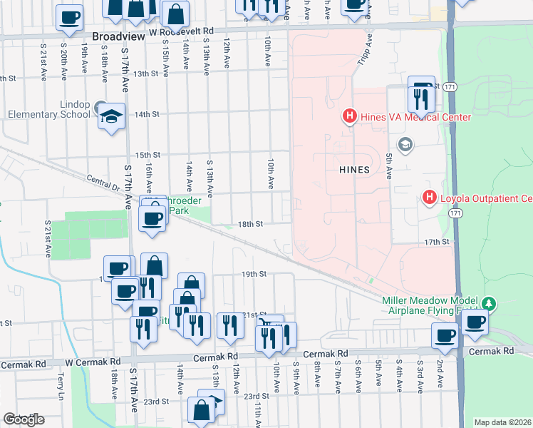 map of restaurants, bars, coffee shops, grocery stores, and more near 2624 S 10th Ave in Broadview
