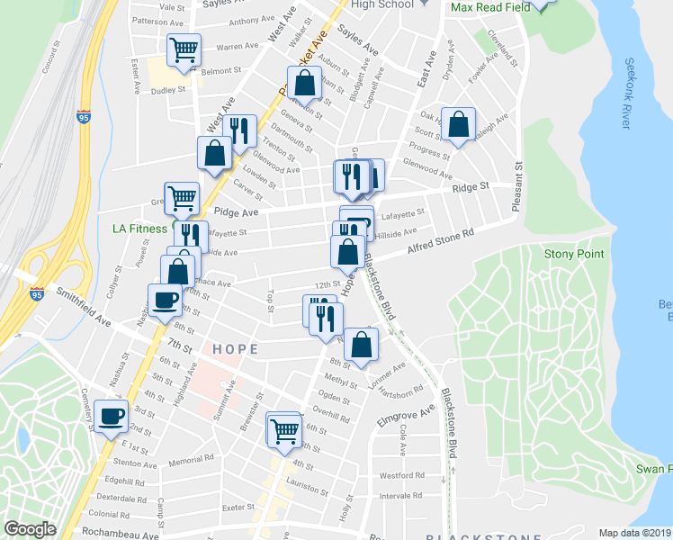 map of restaurants, bars, coffee shops, grocery stores, and more near 201 Chace Avenue in Providence